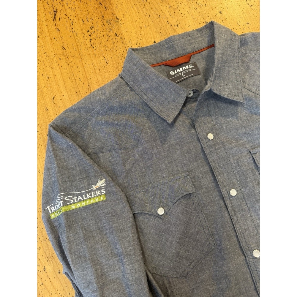 Simms Fishing No-Tellum Shirt Blue/Gray Pearl Snap Travel Fishing Size Large - Picture 2 of 10